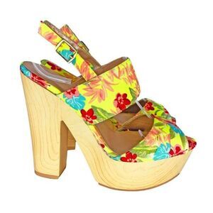 QUPID Open‎ Toe Clog Heels Slingback Peep Toe Shoe Size 7 Yellow Floral Wood